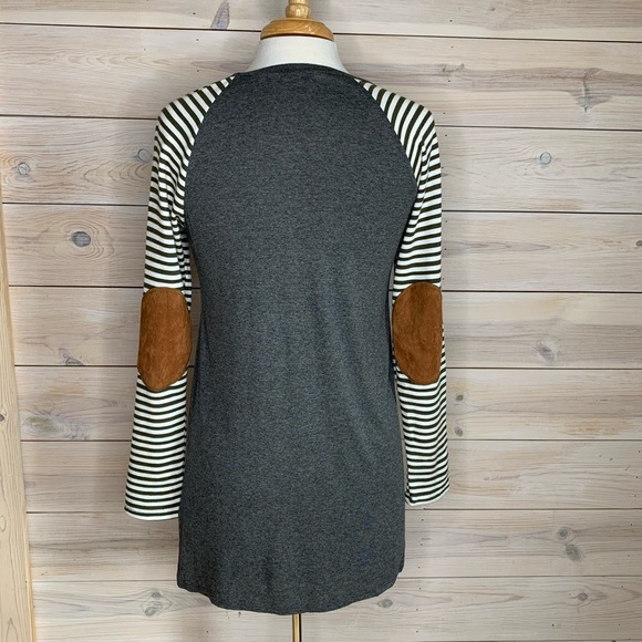 Long Sleeve Christmas Top with Striped Sleeves Suede Elbow Patch - Picture 3 of 6